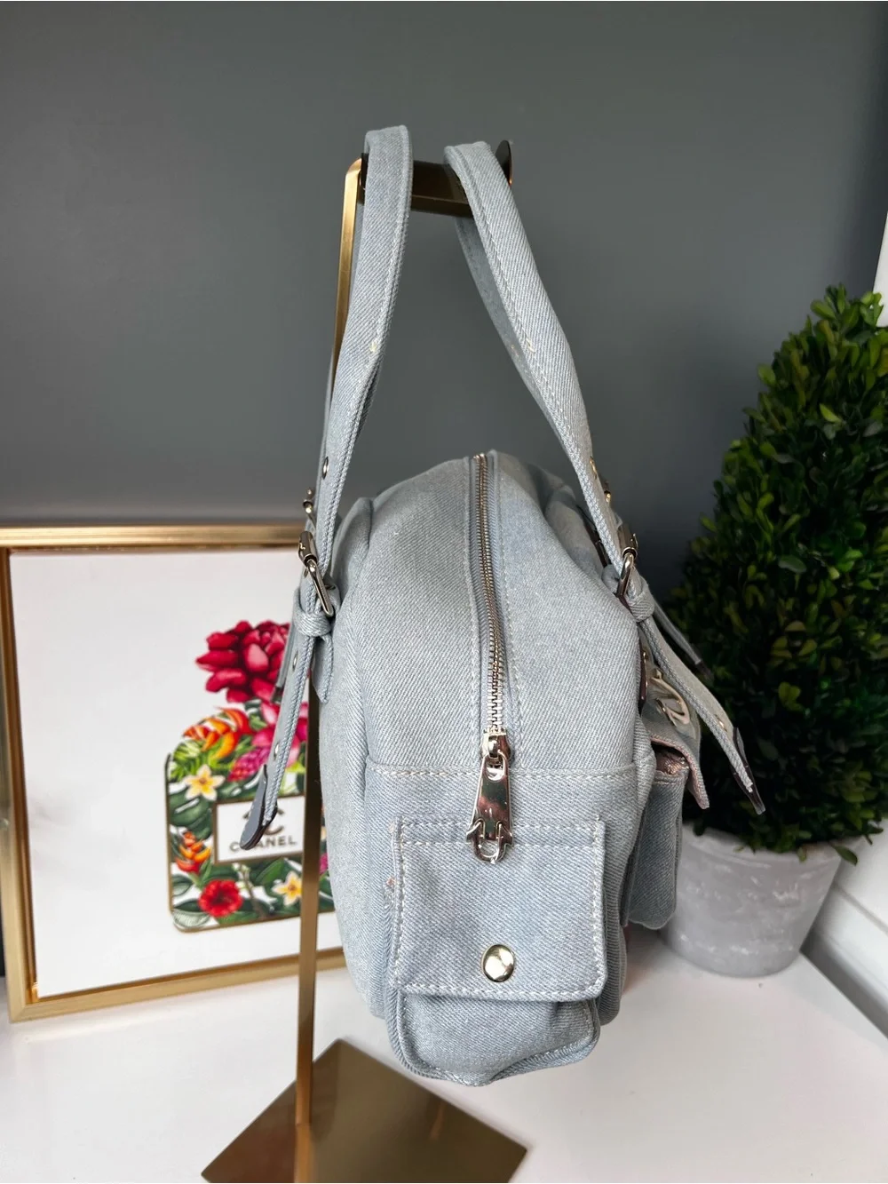 True Religion Y2K Light Wash Denim Cargo Patch Satchel Bag Purse NWT